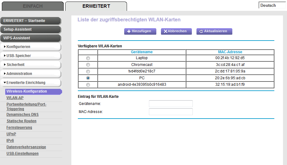MAC-Filter in der Oberfläche eines Routers